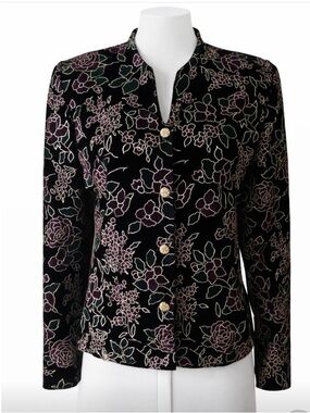 VTG Norton McNaughton Black Velvet Embroidered Floral Jacket Sz 10 USA Lined